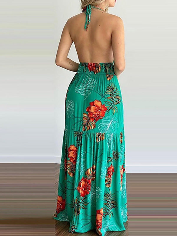 Blue Zone Planet | Halterneck Tie V-neck Floral Print Open-back Maxi Dress BLUE ZONE PLANET