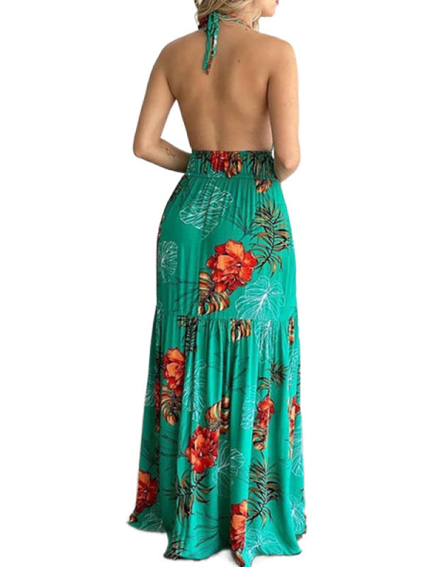 Blue Zone Planet | Halterneck Tie V-neck Floral Print Open-back Maxi Dress BLUE ZONE PLANET