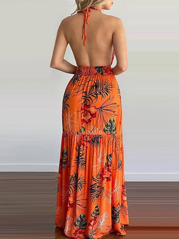Blue Zone Planet | Halterneck Tie V-neck Floral Print Open-back Maxi Dress BLUE ZONE PLANET
