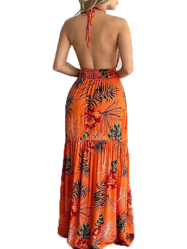 Blue Zone Planet | Halterneck Tie V-neck Floral Print Open-back Maxi Dress BLUE ZONE PLANET