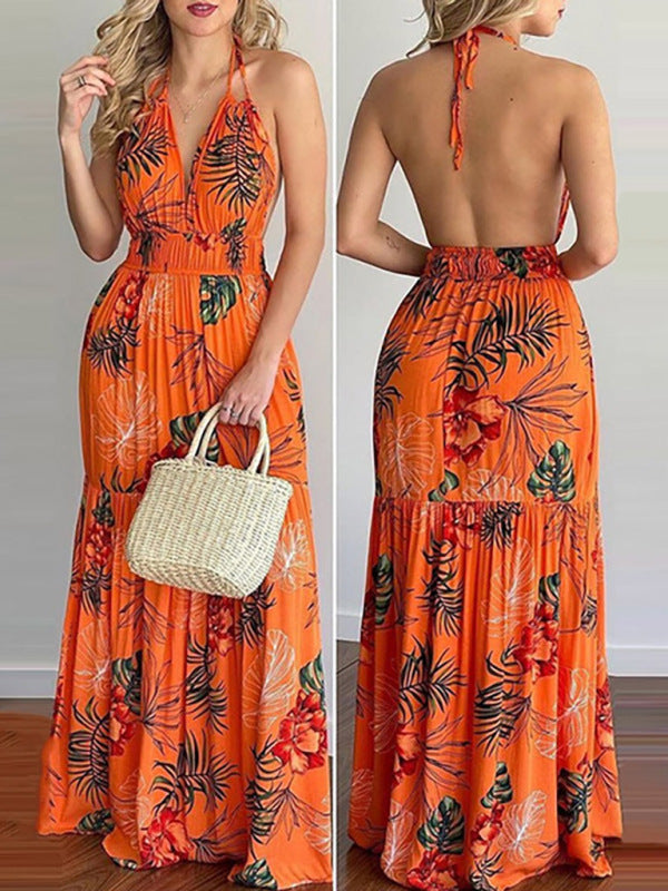 Blue Zone Planet | Halterneck Tie V-neck Floral Print Open-back Maxi Dress BLUE ZONE PLANET