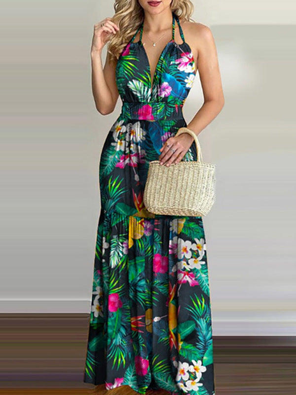 Blue Zone Planet | Halterneck Tie V-neck Floral Print Open-back Maxi Dress BLUE ZONE PLANET