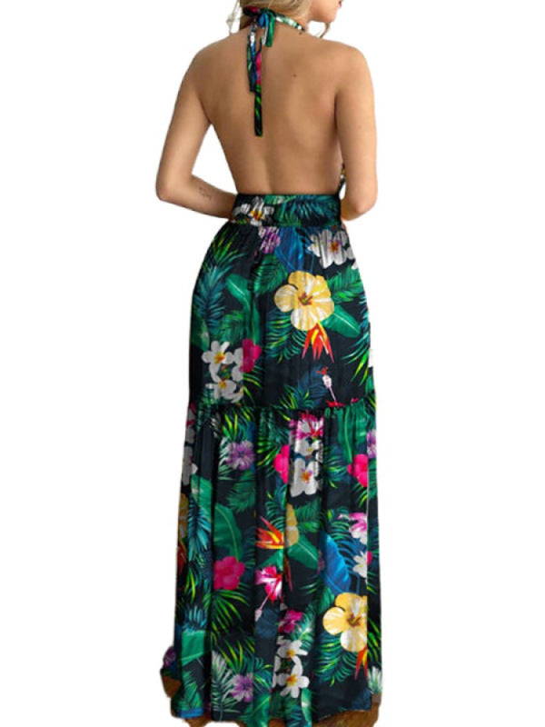 Blue Zone Planet | Halterneck Tie V-neck Floral Print Open-back Maxi Dress BLUE ZONE PLANET
