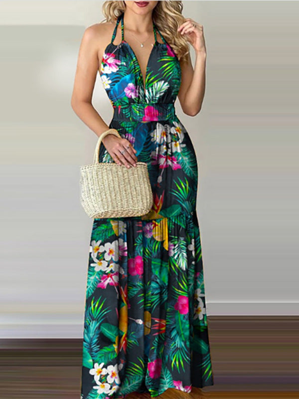 Blue Zone Planet | Halterneck Tie V-neck Floral Print Open-back Maxi Dress BLUE ZONE PLANET