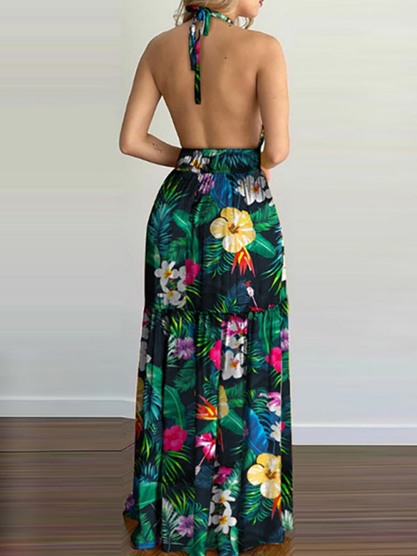Blue Zone Planet | Halterneck Tie V-neck Floral Print Open-back Maxi Dress BLUE ZONE PLANET