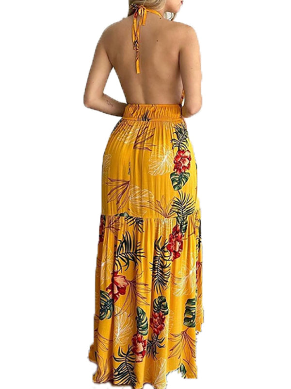 Blue Zone Planet | Halterneck Tie V-neck Floral Print Open-back Maxi Dress BLUE ZONE PLANET
