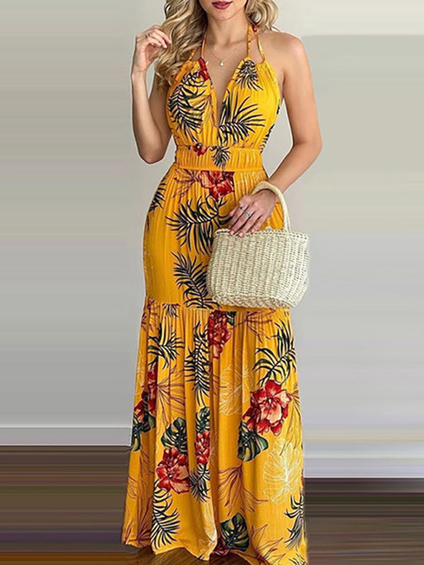 Blue Zone Planet | Halterneck Tie V-neck Floral Print Open-back Maxi Dress BLUE ZONE PLANET