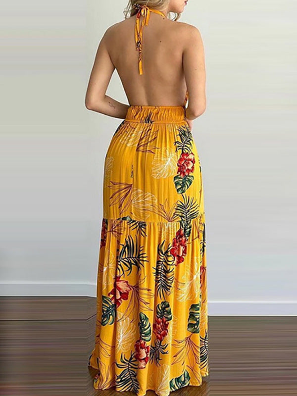 Blue Zone Planet | Halterneck Tie V-neck Floral Print Open-back Maxi Dress BLUE ZONE PLANET