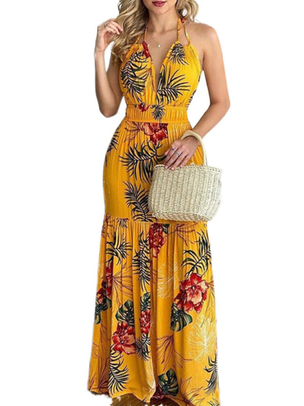 Blue Zone Planet | Halterneck Tie V-neck Floral Print Open-back Maxi Dress BLUE ZONE PLANET