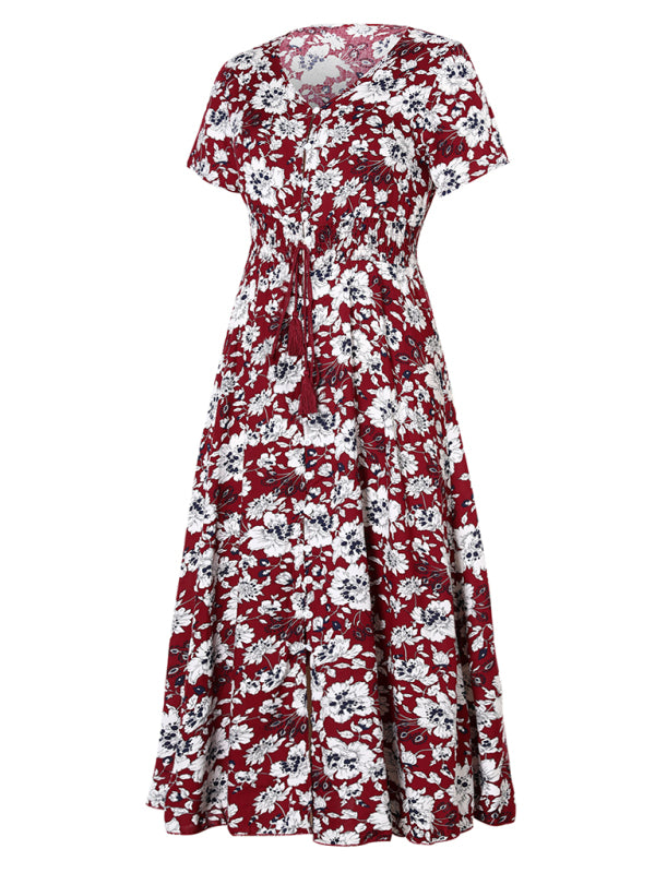 Blue Zone Planet | Bohemian Vintage Ethnic Pattern V-Neck Loose Long Dress BLUE ZONE PLANET