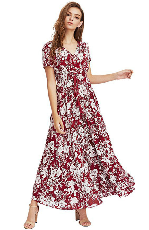 Blue Zone Planet | Bohemian Vintage Ethnic Pattern V-Neck Loose Long Dress BLUE ZONE PLANET