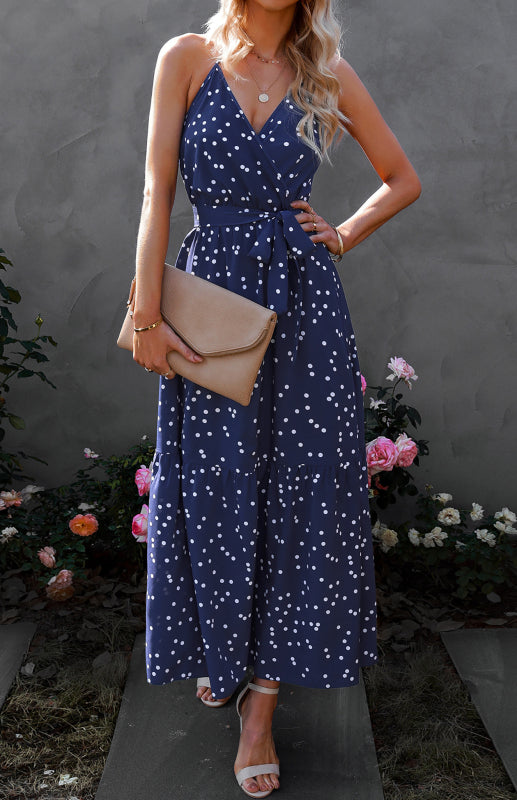 Blue Zone Planet | V Neck Sling Polka Dot Maxi Dress BLUE ZONE PLANET