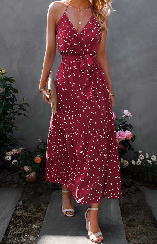 Blue Zone Planet | V Neck Sling Polka Dot Maxi Dress BLUE ZONE PLANET