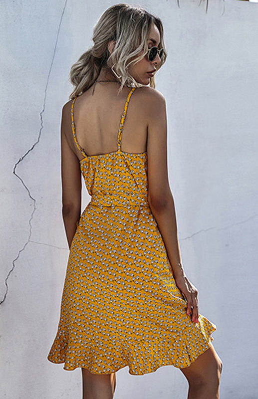 Printed Ruffled Lace-up Beach Slip Dress kakaclo