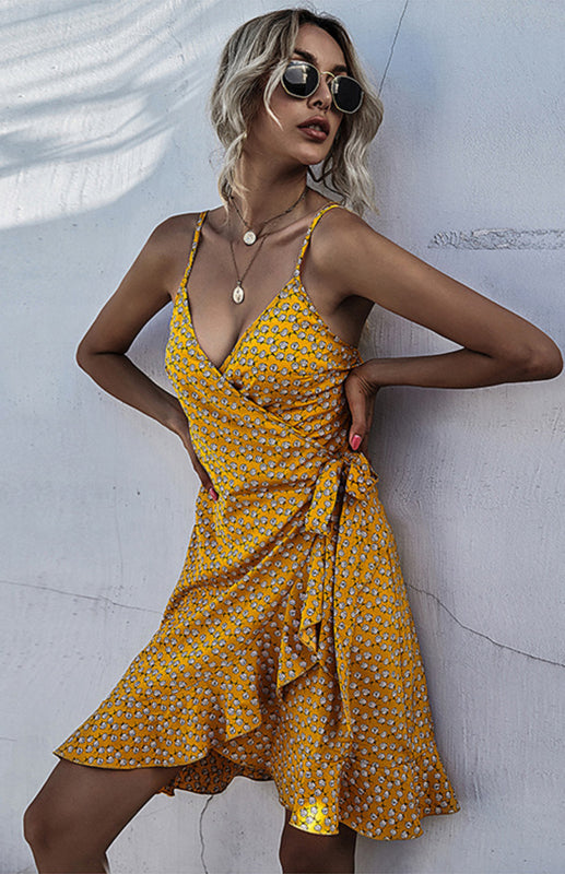 Printed Ruffled Lace-up Beach Slip Dress kakaclo