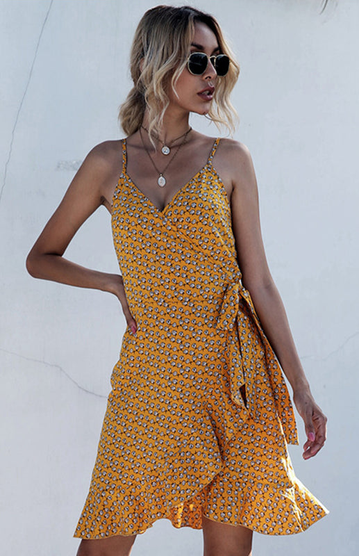 Printed Ruffled Lace-up Beach Slip Dress kakaclo