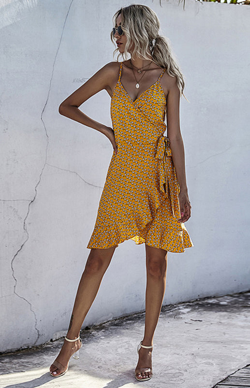Printed Ruffled Lace-up Beach Slip Dress kakaclo
