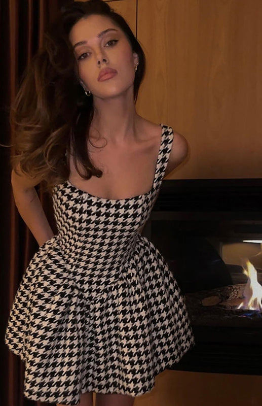 Blue Zone Planet | Sling Word Neck Backless Houndstooth Temperament Slim Dress BLUE ZONE PLANET