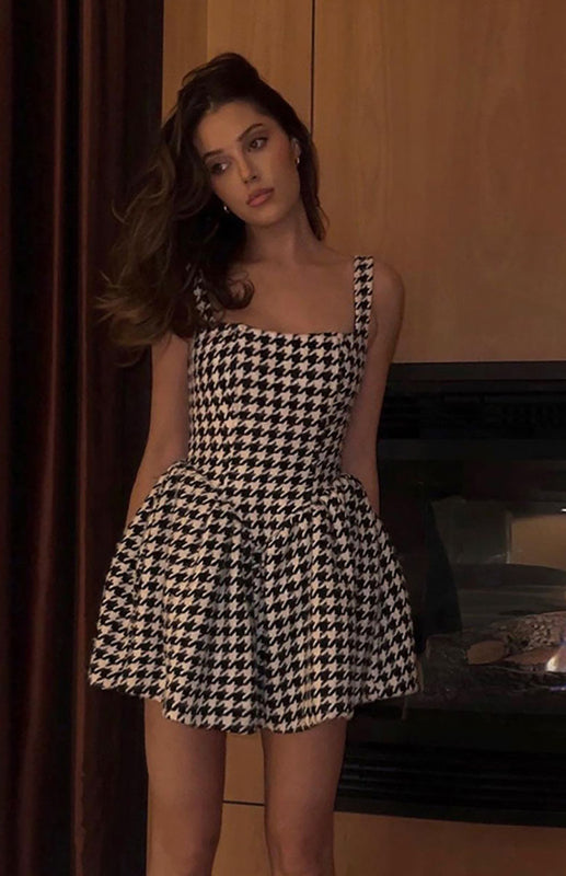Blue Zone Planet | Sling Word Neck Backless Houndstooth Temperament Slim Dress BLUE ZONE PLANET