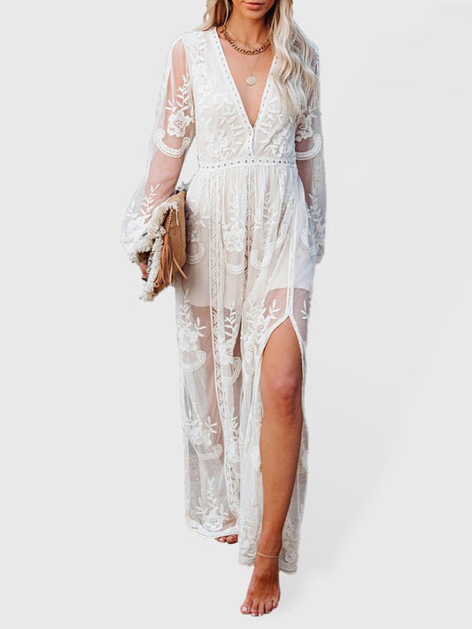 Blue Zone Planet |  Lace Long Sleeve Deep V Solid Color Hollow Dress BLUE ZONE PLANET
