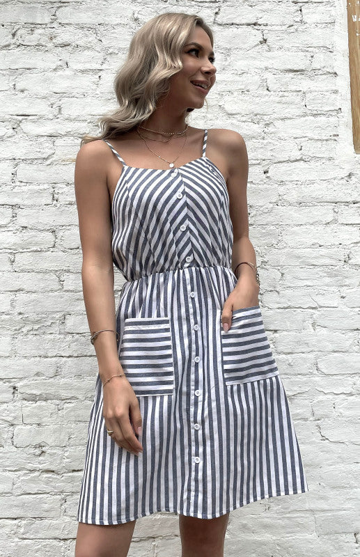 Blue Zone Planet | Women's Slip Dress Grey Striped Cotton Linen Dress kakaclo