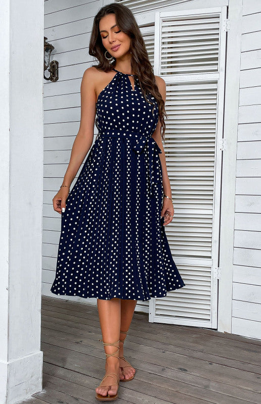 Blue Zone Planet |  Women's Midi Dress Blue Sling Polka Dot Beach Dress kakaclo