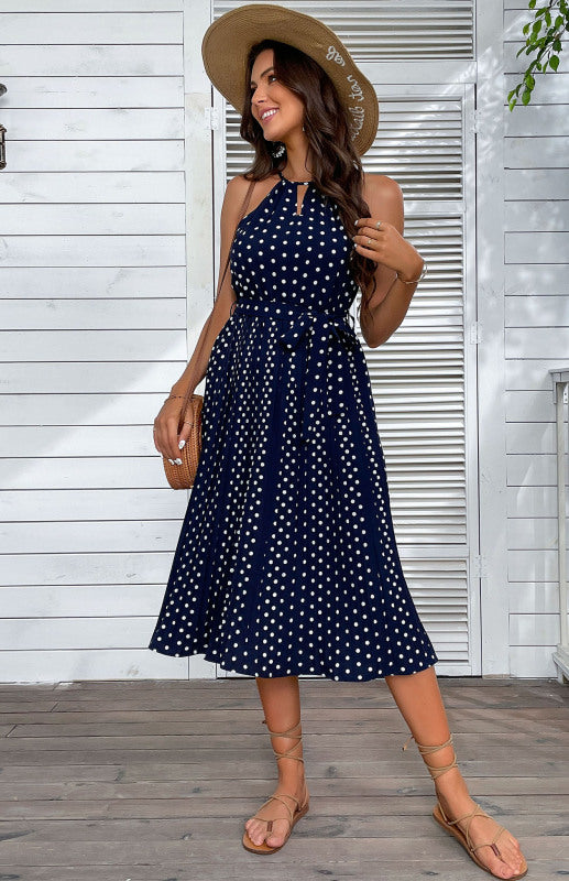 Blue Zone Planet |  Women's Midi Dress Blue Sling Polka Dot Beach Dress kakaclo
