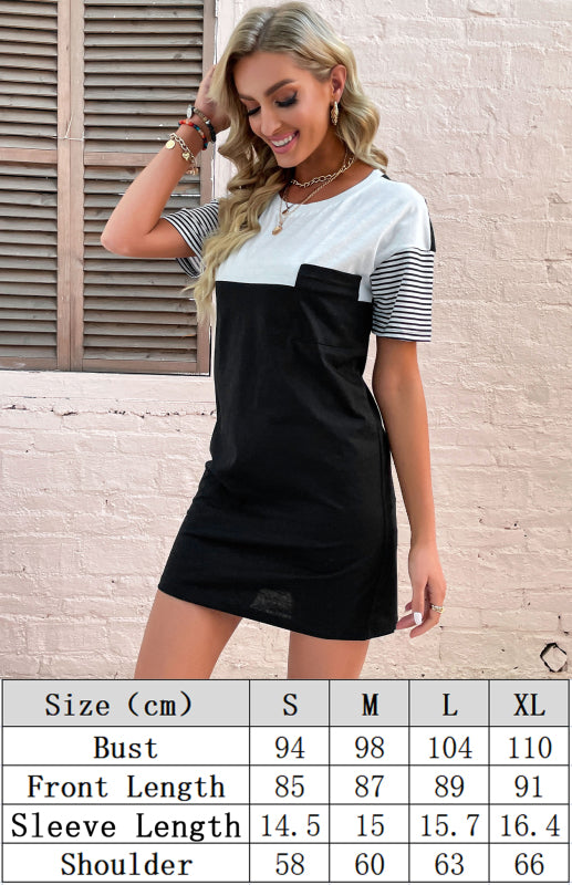 Blue Zone Planet |  Women's Dress Casual Round Neck Short Sleeve Patchwork Striped T-Shirt Dress kakaclo