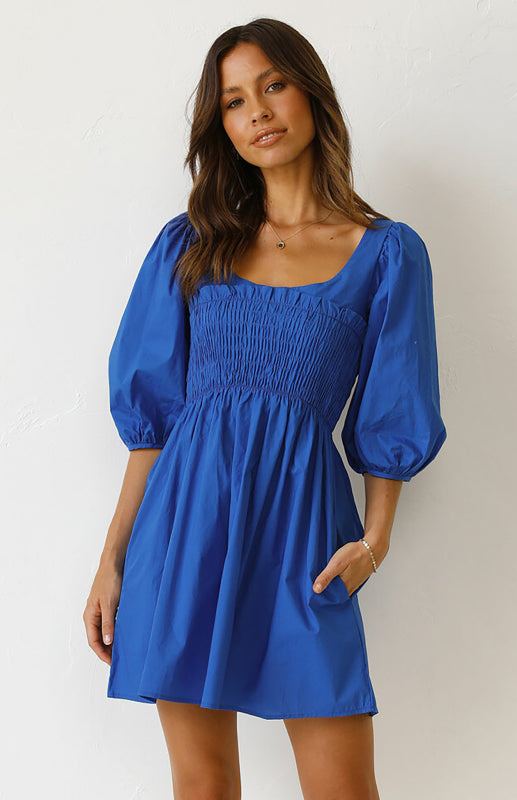 Blue Zone Planet | Women's Lantern Sleeve Solid Color Dress kakaclo