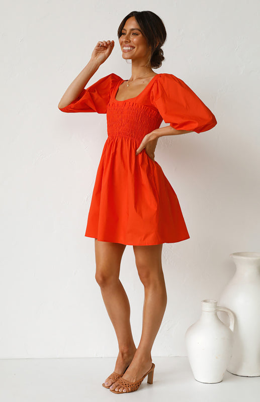 Blue Zone Planet | Women's Lantern Sleeve Solid Color Dress kakaclo