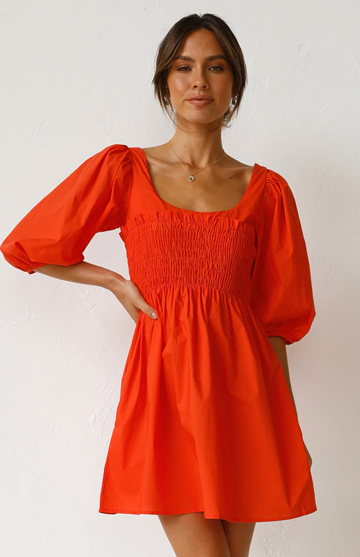 Blue Zone Planet | Women's Lantern Sleeve Solid Color Dress kakaclo