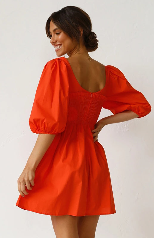 Blue Zone Planet | Women's Lantern Sleeve Solid Color Dress kakaclo