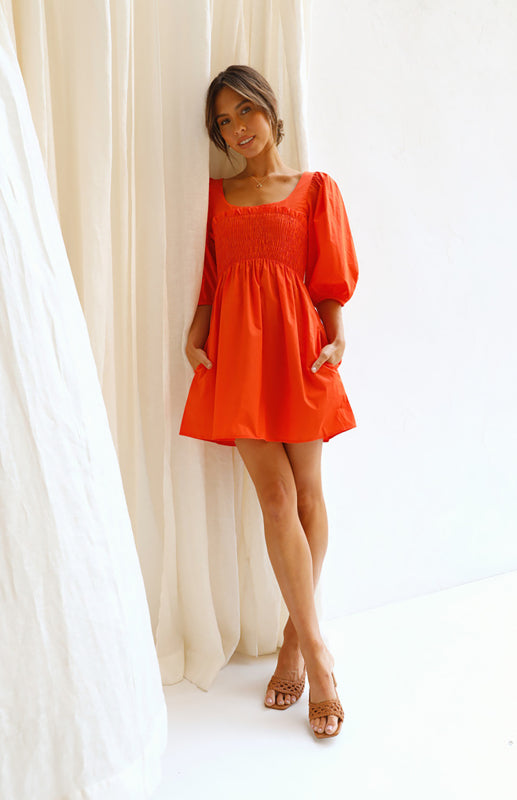 Blue Zone Planet | Women's Lantern Sleeve Solid Color Dress kakaclo