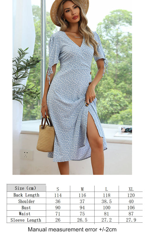 Blue Zone Planet | V-Neck Floral Dress Slim Slit Puff Sleeve Dress kakaclo