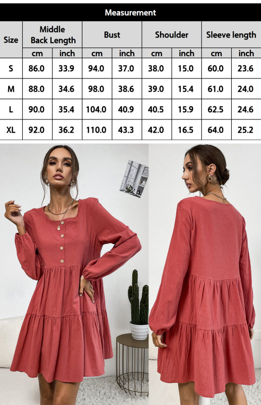 Pleated Solid Color Round Neck Long Sleeve Cotton Linen Loose Dress kakaclo