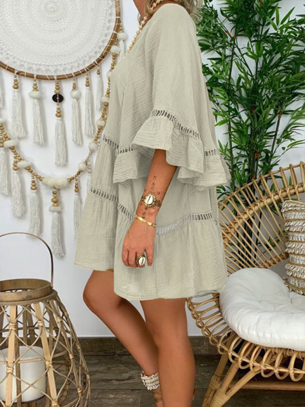 3/4 Sleeve Cotton Linen V-Neck Loose Button Cutout Plus Size Top Dress kakaclo