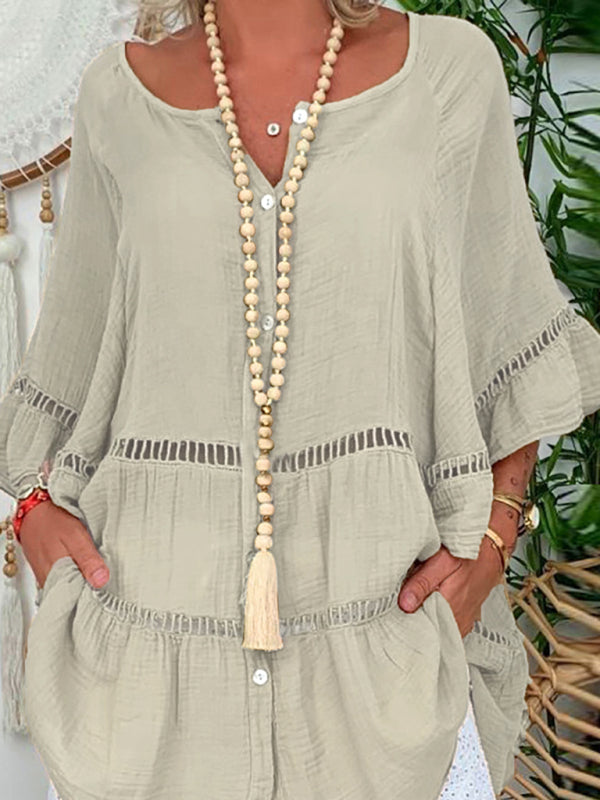 3/4 Sleeve Cotton Linen V-Neck Loose Button Cutout Plus Size Top Dress kakaclo