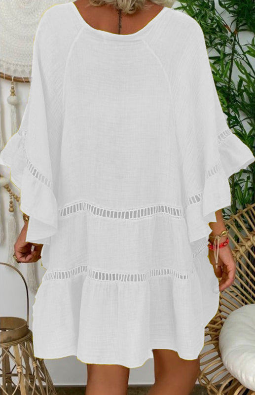 3/4 Sleeve Cotton Linen V-Neck Loose Button Cutout Plus Size Top Dress kakaclo
