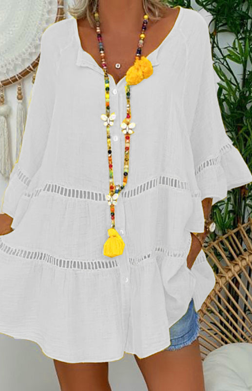 3/4 Sleeve Cotton Linen V-Neck Loose Button Cutout Plus Size Top Dress kakaclo