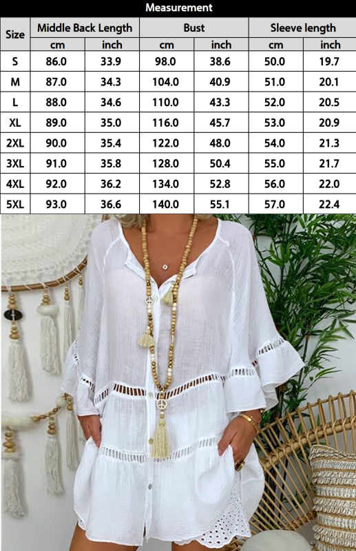 3/4 Sleeve Cotton Linen V-Neck Loose Button Cutout Plus Size Top Dress kakaclo