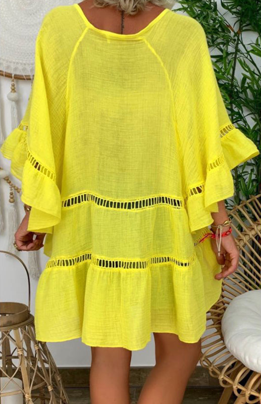 3/4 Sleeve Cotton Linen V-Neck Loose Button Cutout Plus Size Top Dress kakaclo