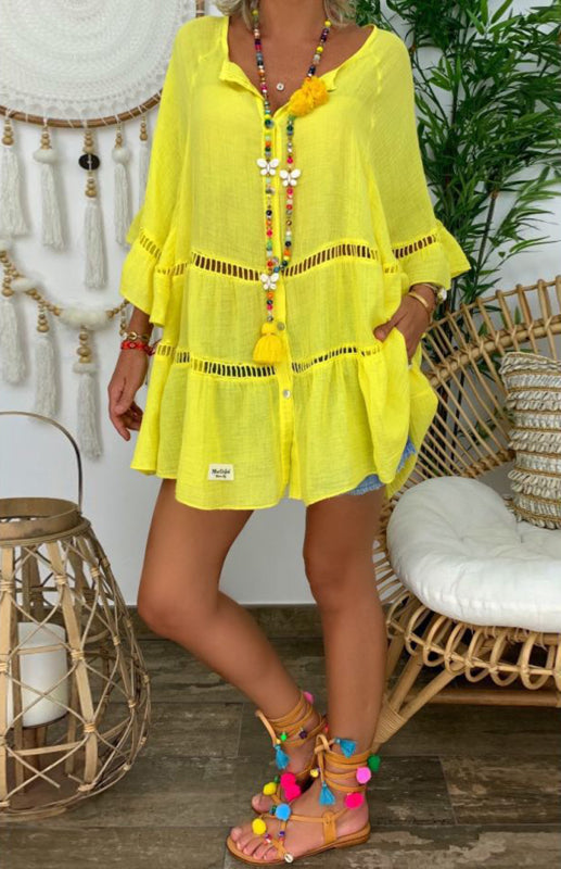 3/4 Sleeve Cotton Linen V-Neck Loose Button Cutout Plus Size Top Dress kakaclo