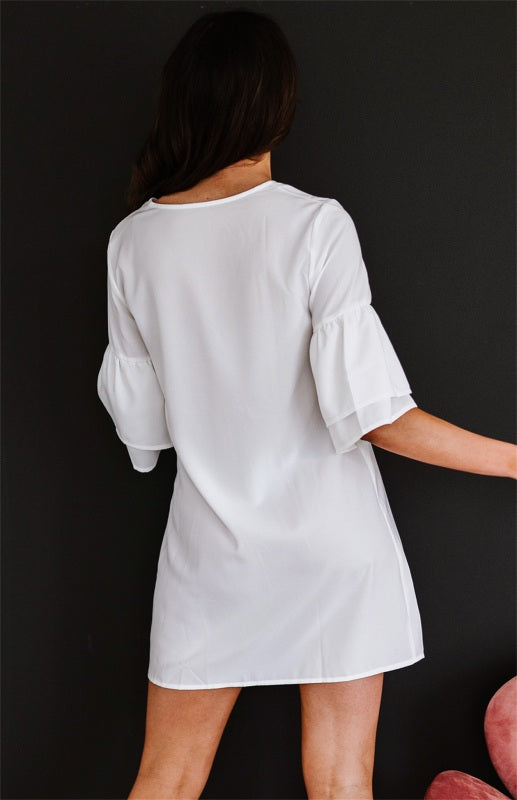 Blue Zone Planet | sV Neck Button Flare Sleeve Shift Shirt Dress BLUE ZONE PLANET