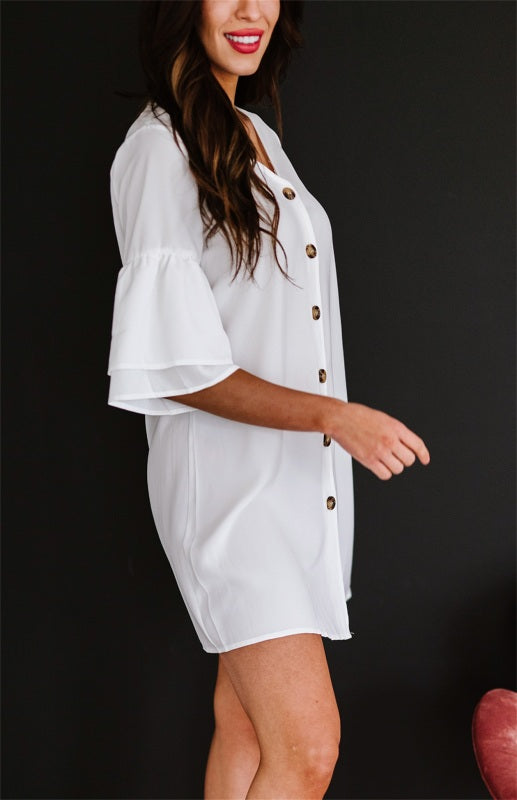 Blue Zone Planet | sV Neck Button Flare Sleeve Shift Shirt Dress BLUE ZONE PLANET