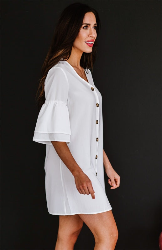 Blue Zone Planet | sV Neck Button Flare Sleeve Shift Shirt Dress BLUE ZONE PLANET