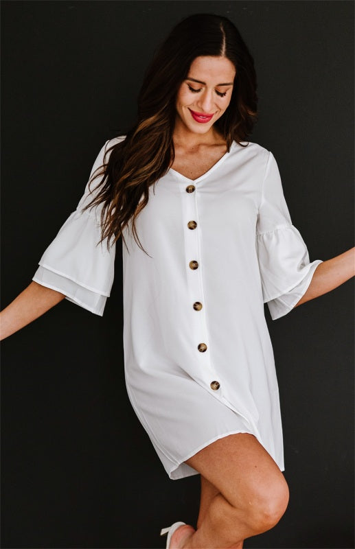 Blue Zone Planet | sV Neck Button Flare Sleeve Shift Shirt Dress BLUE ZONE PLANET
