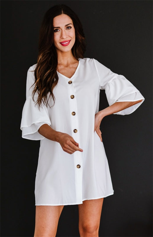Blue Zone Planet | sV Neck Button Flare Sleeve Shift Shirt Dress BLUE ZONE PLANET