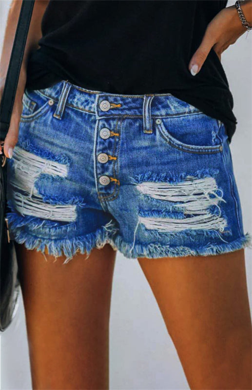 Women's American Flag Pocket Distressed Raw Hem Denim Shorts kakaclo