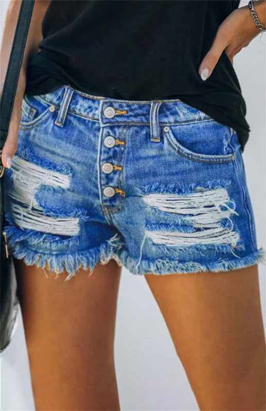 Women's American Flag Pocket Distressed Raw Hem Denim Shorts kakaclo