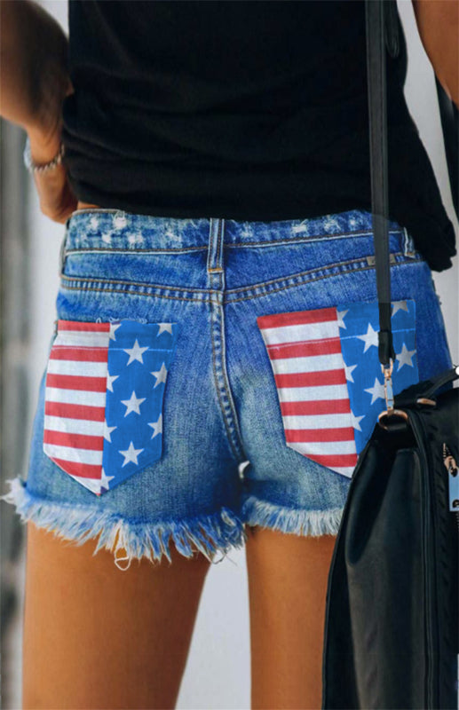 Women's American Flag Pocket Distressed Raw Hem Denim Shorts kakaclo